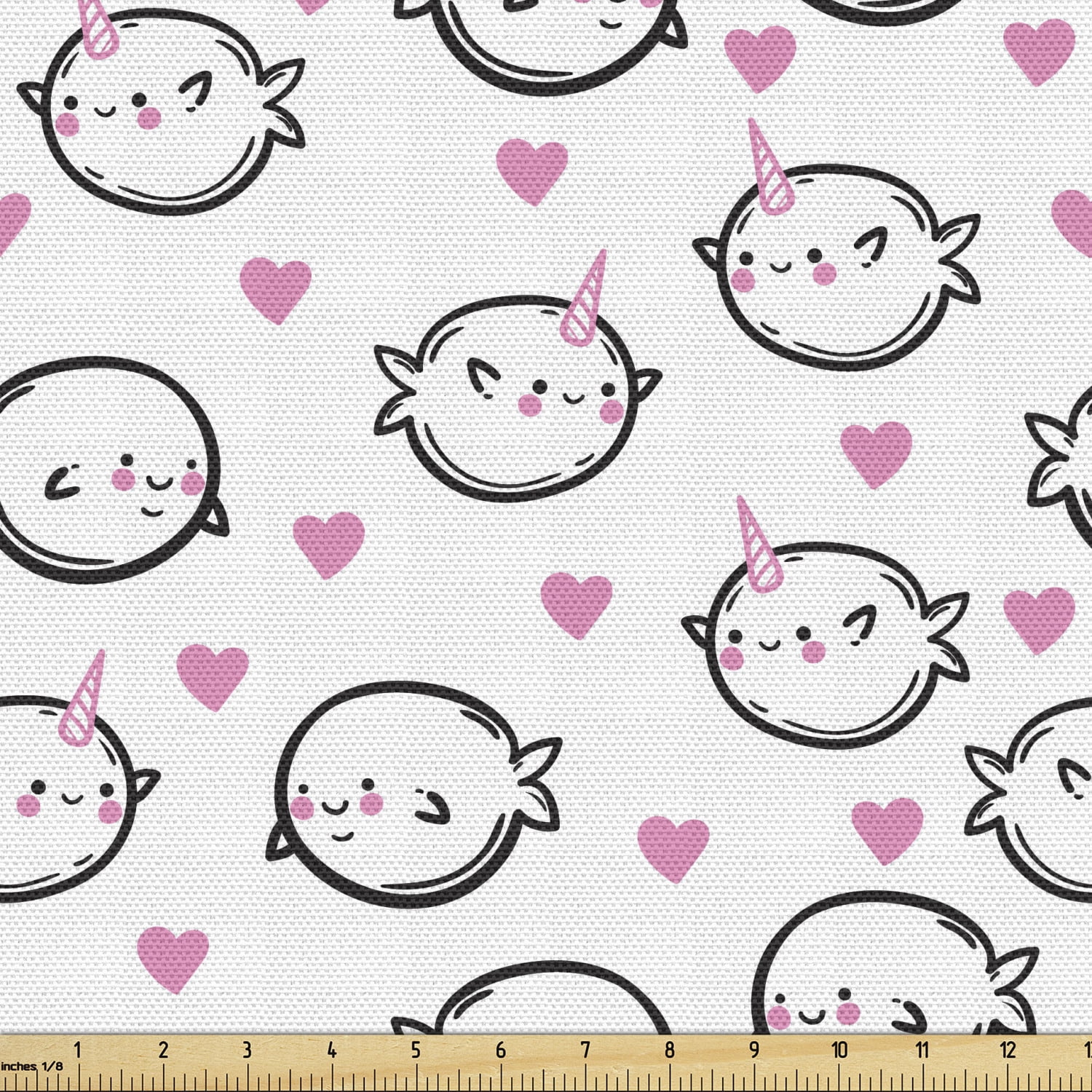 Narwhal Fabric by the Yard Upholstery, Heart Background Doodle Style
