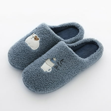 

Couples Men Slip On Furry Plush Flat Home Winter Round Toe Keep Warm Cartoon Slippers Shoes Navy 9.5