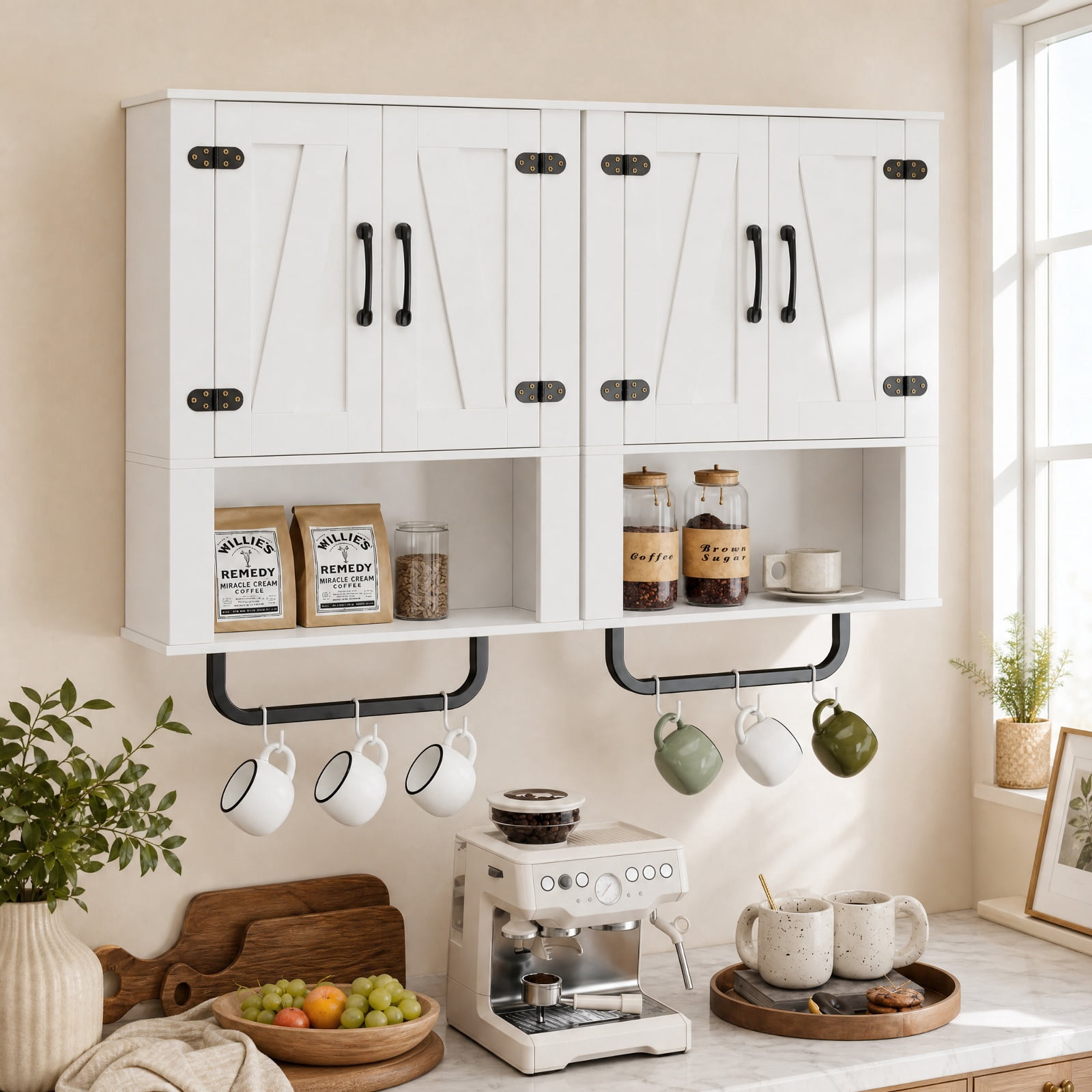 Vebreda Bathroom Wall Cabinet with 2 Sliding Barn Doors & Towel Bar, 3-Tier Farmhouse Wall-Mounted Storage Organizer with Open Shelves, White