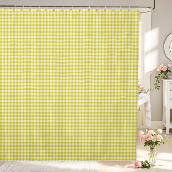 Manfei Minimalism Check Shower Curtain 72Wx72L,Classic Plaid Bathroom Curtain,Yellow White