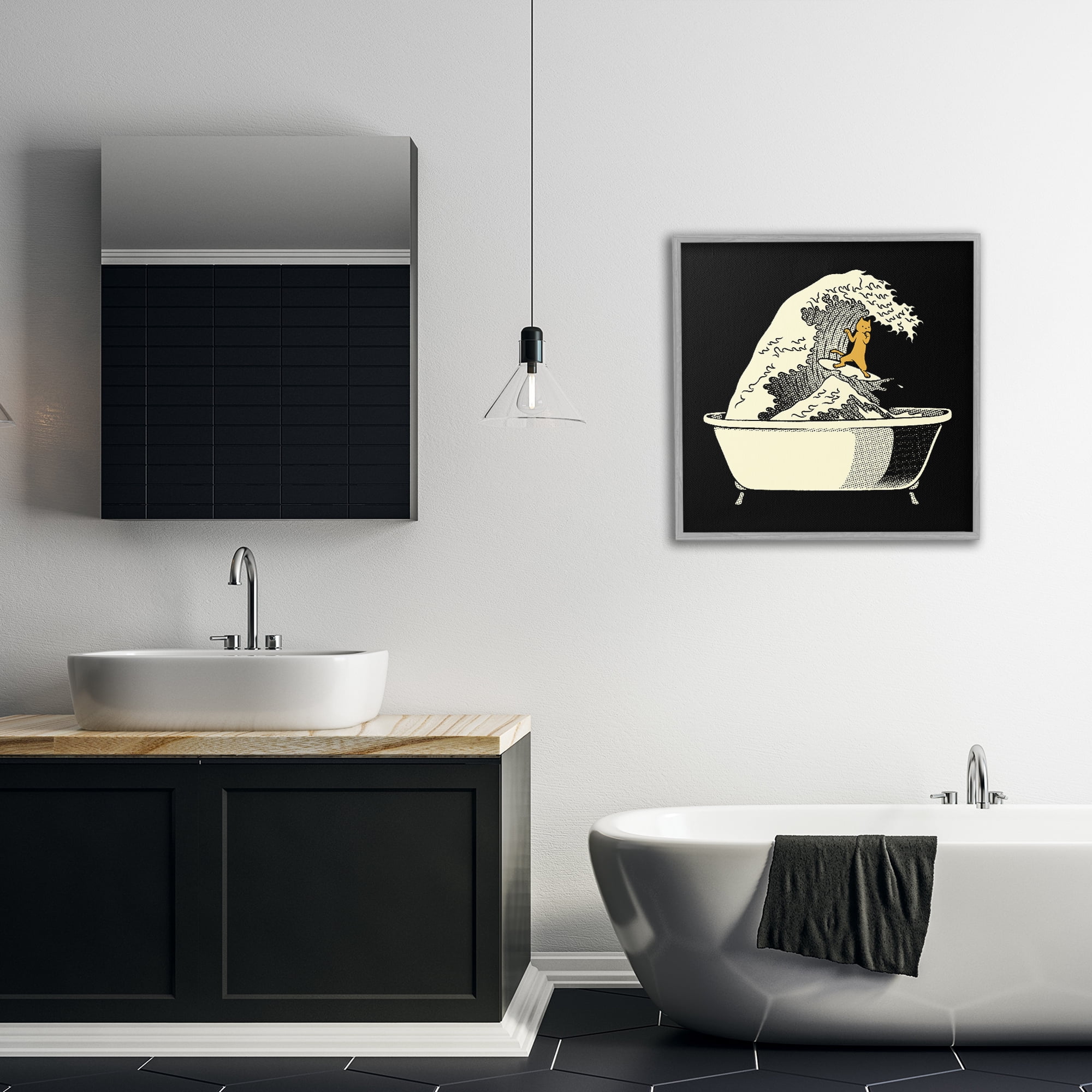 Stupell Industries Kanagawa Bathtub Cat Gray Framed Giclee Art, design by Tobe Fonseca