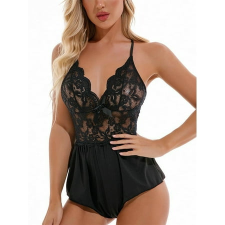 DYMADE Womens Lace Open Crotchless Sexy Backless Sheer Halter Bodysuit Lingerie