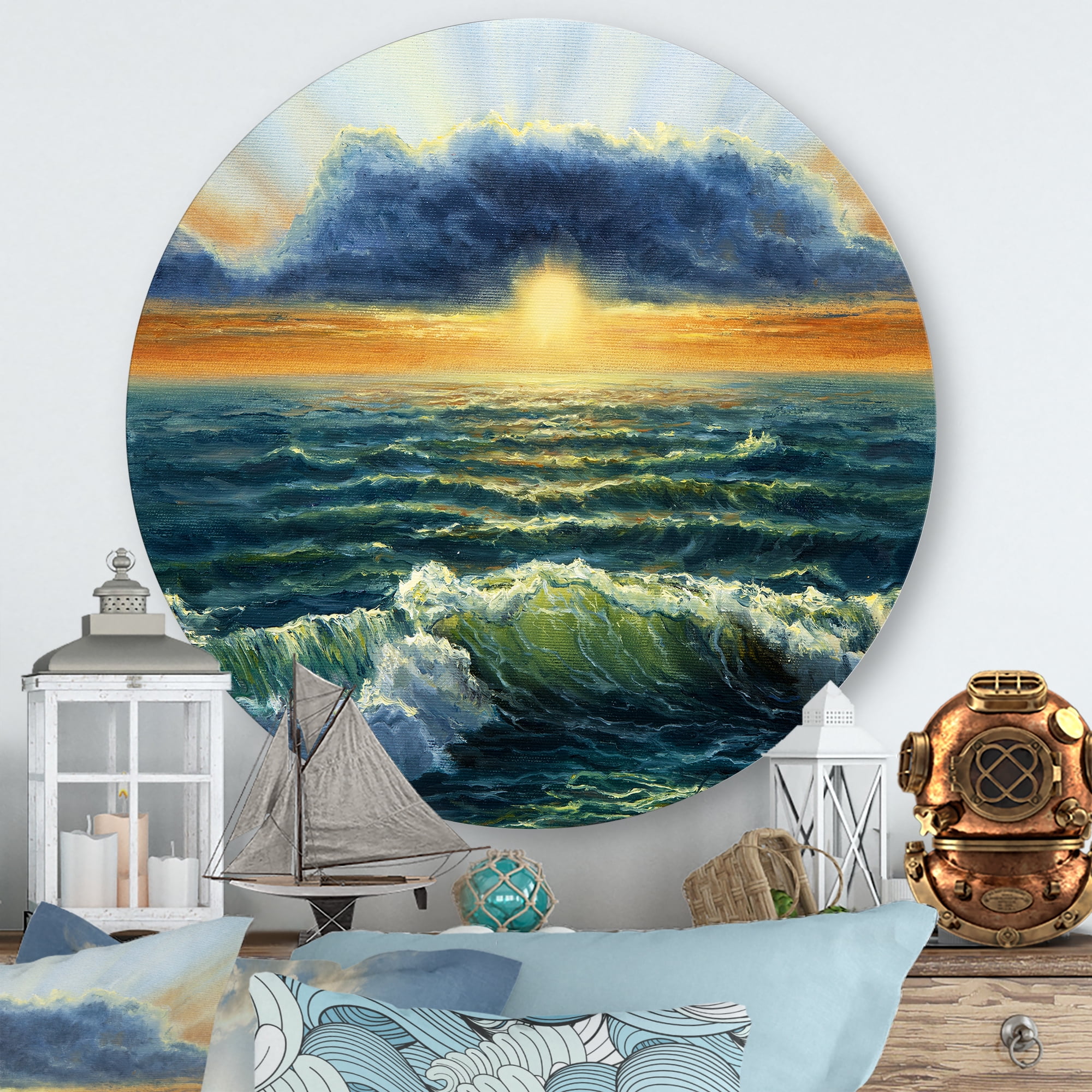 The Blue Ocean In Sunset Evening I 11 in x 11 in Painting Art Prints, by Designart