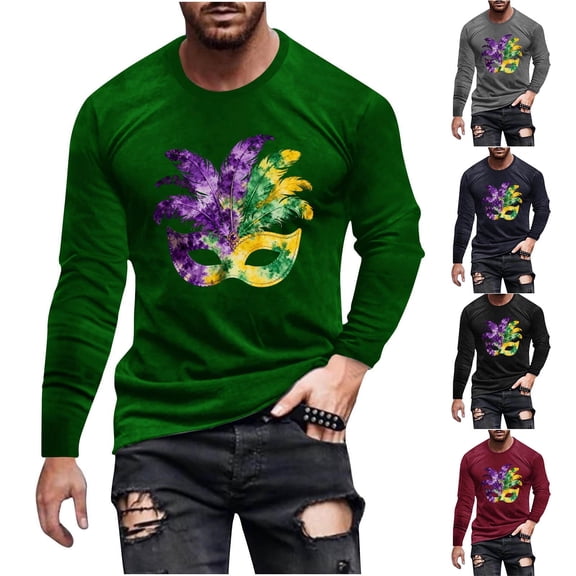 UVEASISHA Big and Tall Mardi Gras Shirts for Men Long Sleeve Mask Print Graphic Tees Holiday Casual Slim Fit Workout Shirt Stretchy Gym Muscle Tee Black 4XL