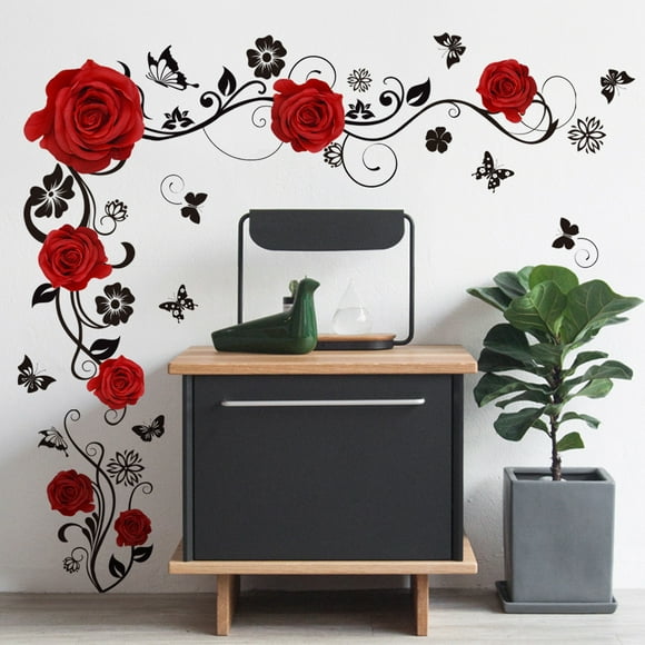 Iumwxz Room Decor Flower Vines Roses Butterflies Wall Stickers Background Wall Living Room Room Decoration Wall Stickers Self-Adhesive Wall Decals Home Wall Decor Easter Red Pvc Flash Deals