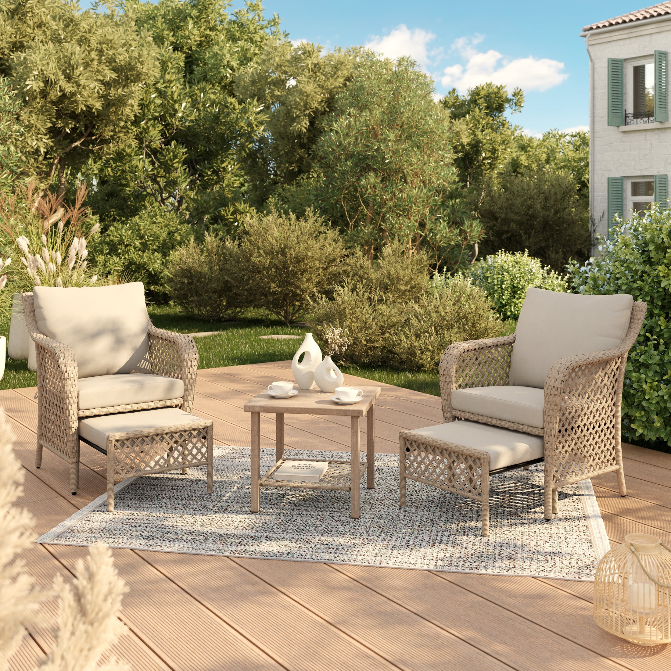 HOMETRENDS Belmont 5-Piece Steel Outdoor Chat Set with Ottomans and Cushions, Oatmeal