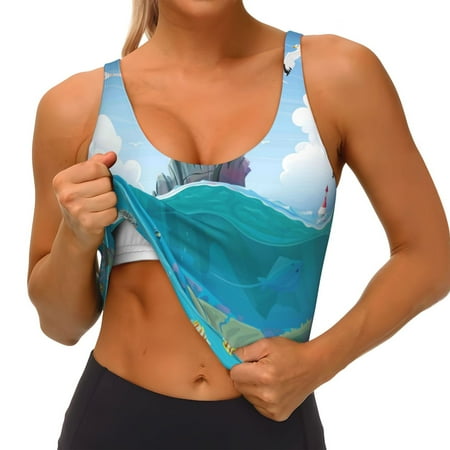 Qokaie Lighthouse Sea Port Pattern Womens Scoop Neck Sports Bra Breathable Workout Vest Padded U Back Medium Impact Fitness Gym Yoga Bra Workout Crop Top