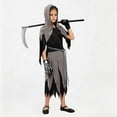 thumbnail image 3 of Krdevn Kids Grim Reaper Cosplay Costume, Skeleton Print Outfit with Gloves and Scythe for Halloween Stage Show,10-12 Years, 3 of 9