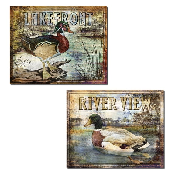 Brown and Blue River View and Lakefront Duck Mallard Adult Lodge Decor; 2 - 10" x 8" Unframed Posters