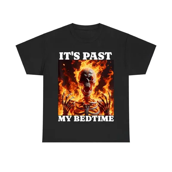 100% Cotton It's Past My Bedtime T-Shirt - Funny Skeleton Meme Graphic Tee, Ironic Tired Flames Cotton Shirt for Men & Women Golf Gift T-Shirt For Men and Women
