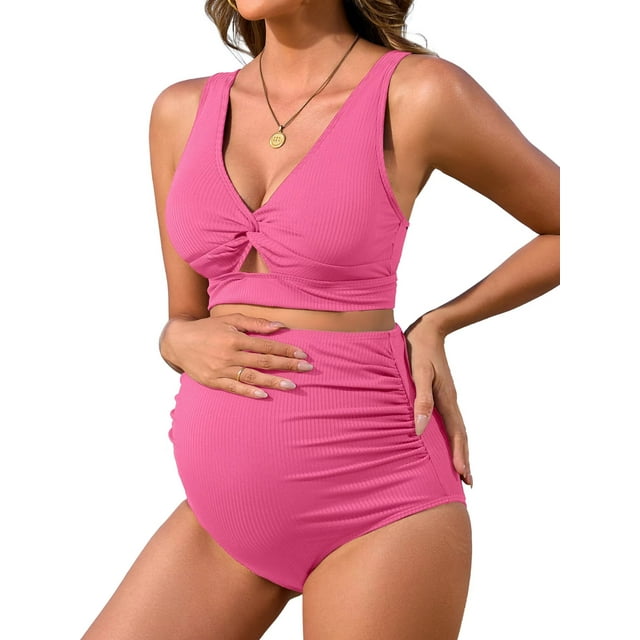 Charmo V Neck Maternity Swimsuits Ribbed Twist Front Bikini Sets High Waist Pregnancy Bathing Suits for Womens