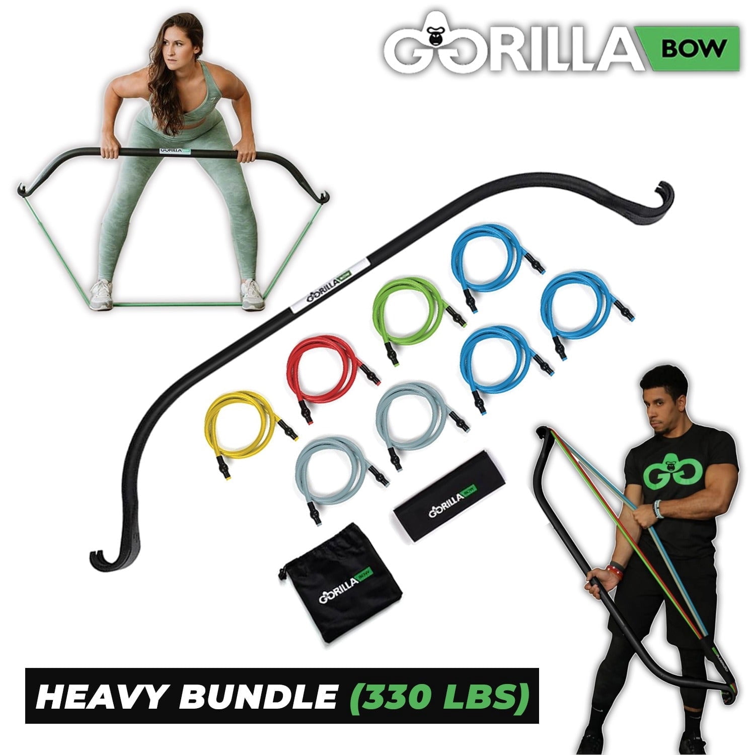 Gorilla Bow Original Portable Home Gym System, Strength Training Equipment 100 Plus Workouts, All in One Exercise Equipment for Travel, Home Gym & Outdoor Workouts (Original Bow, Black, Heavy Bundle)