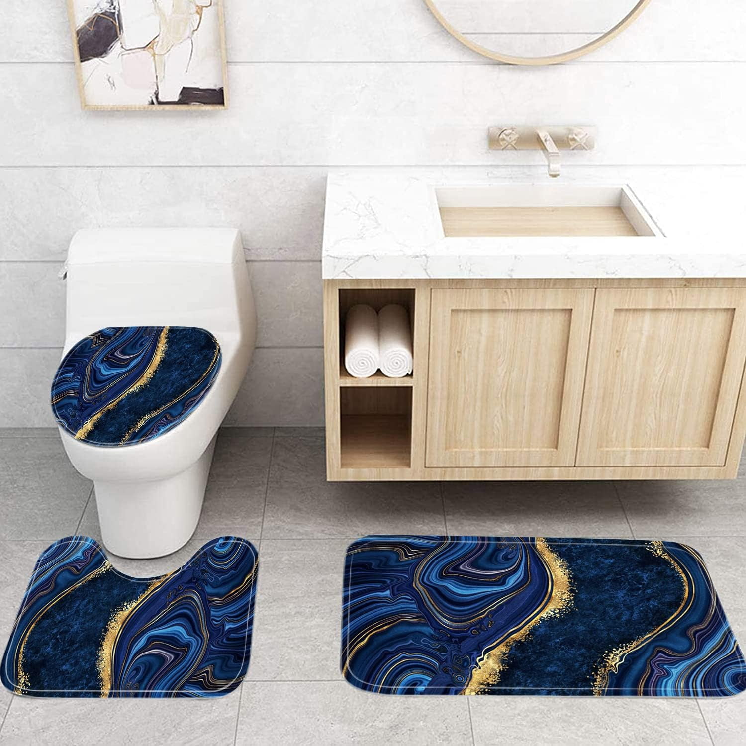 4 Pcs Black Marble Shower Curtain Sets with Rugs Gold Bathroom Sets with Shower Curtain and Rugs Modern Abstract Bathroom Decor Accessories Shower Curtains for Bathroom Toilet Lid Cover