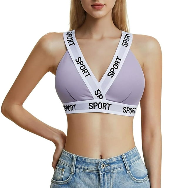 ManxiVoo Contrast Trim Bralette with Fashionable Letter Detail Comfortable Wireless Triangle Cup Top L Size Light Violet