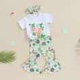 thumbnail image 2 of Bagilaanoe 3Pcs Baby Girl Holiday Clothing Sets Toddler Letter Print Short Sleeve T-shirt Tops + Flare Trousers + Headband 6M 12M 18M 24M 3T 4T 5T Kids Spring Pants Set, 2 of 7