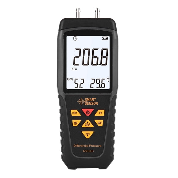 SMART SENSOR AS511B Manomètre Numérique de Pression Différentielle -206.8-206.8kpa Manomètre Double Port Testeur de Pression d'Air et de Gaz avec Écran Rétroéclairé LCD Supporte la Mesure de l'Humidité 12 Unités de Données