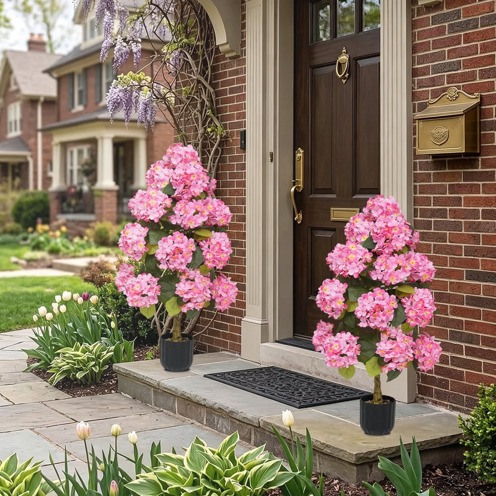 2Sets-3Ft Simulation Hydrangea Tree, Equipped with Realistic Pink Hydrangea Flowers and Evergreen Leaves, Suitable for Indoor and Outdoor Bonsai and Artificial Flower Decoration