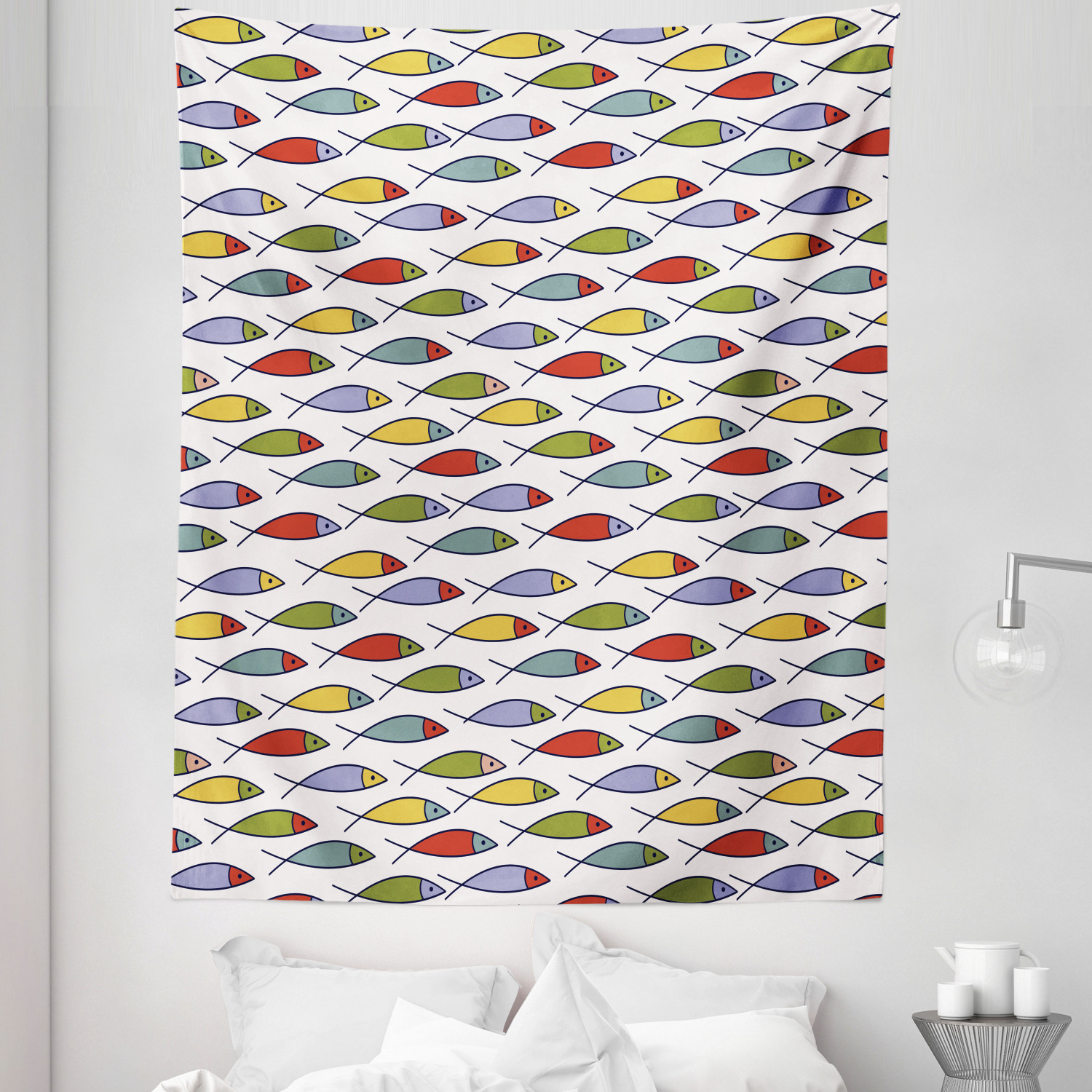 Colorful Tapestry, Simplistic Floating Fish Forms in Row Aquatic ...