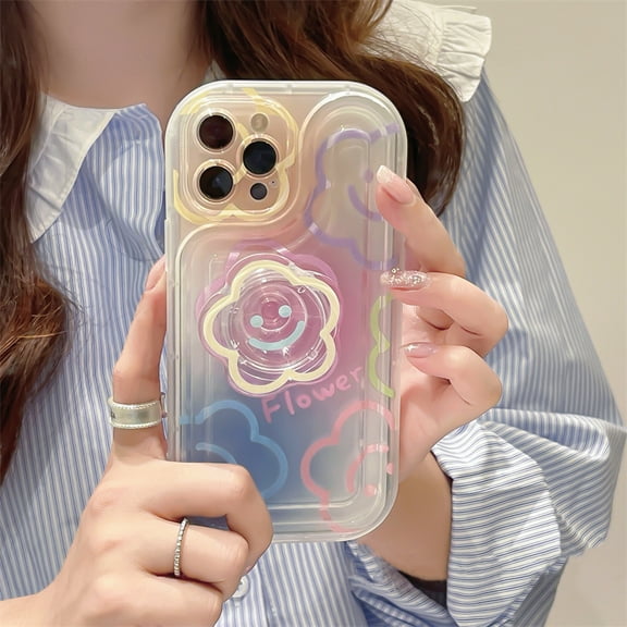 Korean sun flower holder transparent phone case for iPhone 15 14 12 13 11 pro Max Plus girl cute floral stand clear soft cover