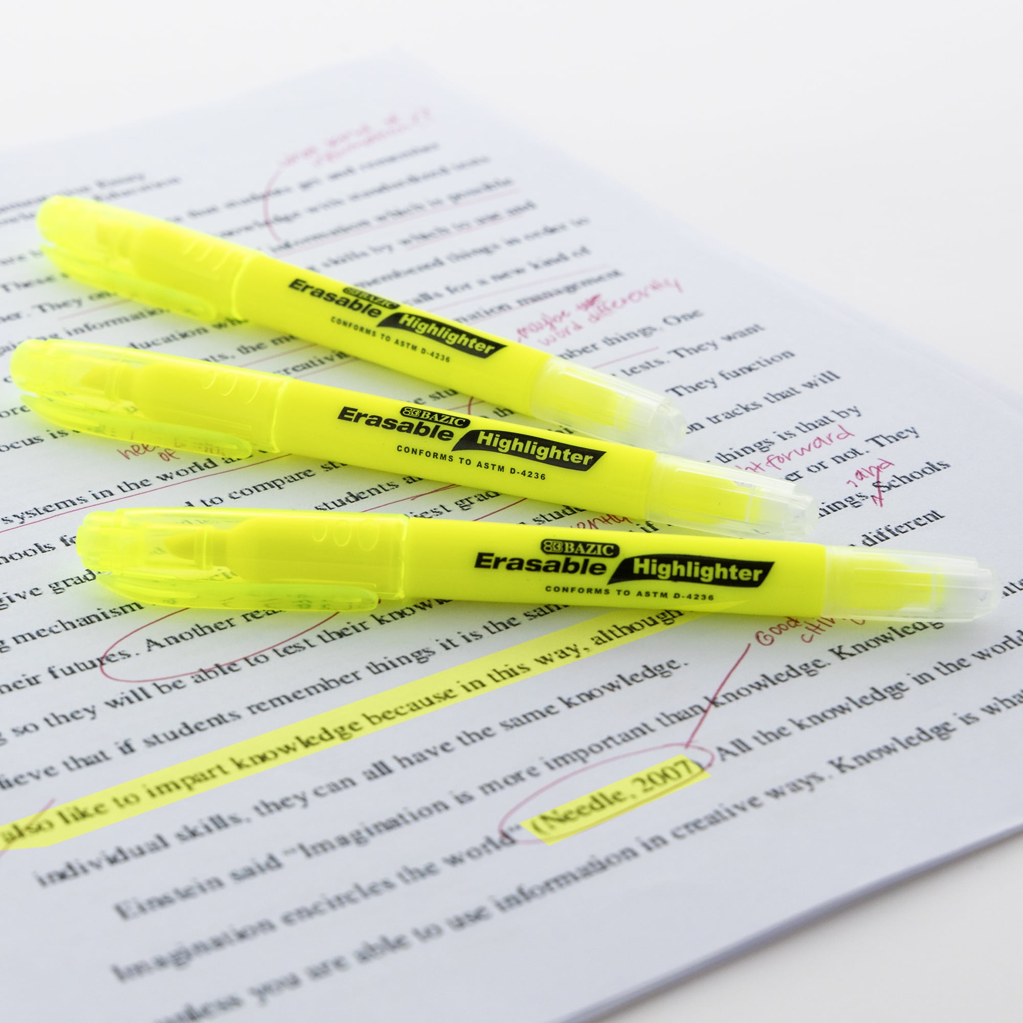 BAZIC Erasable Highlighter Chisel Unscented Erase Marker (3/Pack), 24-Packs