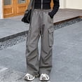 thumbnail image 4 of Kids Girl Pants Girls Solid Straight Leg Cargo Pants Drawstring Elastic Waist Fashion Childrens Bottoms Streetwear for Kids Grey 13 Years-14 Years, 4 of 7