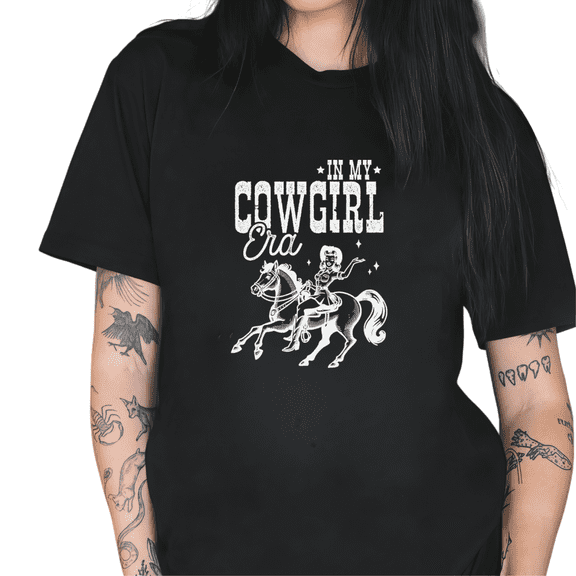 Women's Black In My Cowgirl Era Cowgirl Riding Horse Print Tshirt Graphic Tees Shirts Western Country Casual Tops S-5XL