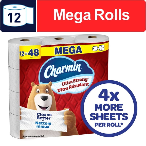 Charmin Toilet Paper Ultra Strong, 12 Mega Rolls (48 Regular Rolls Equivalent), 2-ply Bathroom Tissue