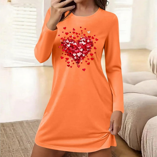 Camisón corto holgado y cómodo con cuello redondo y manga larga estampado para mujer