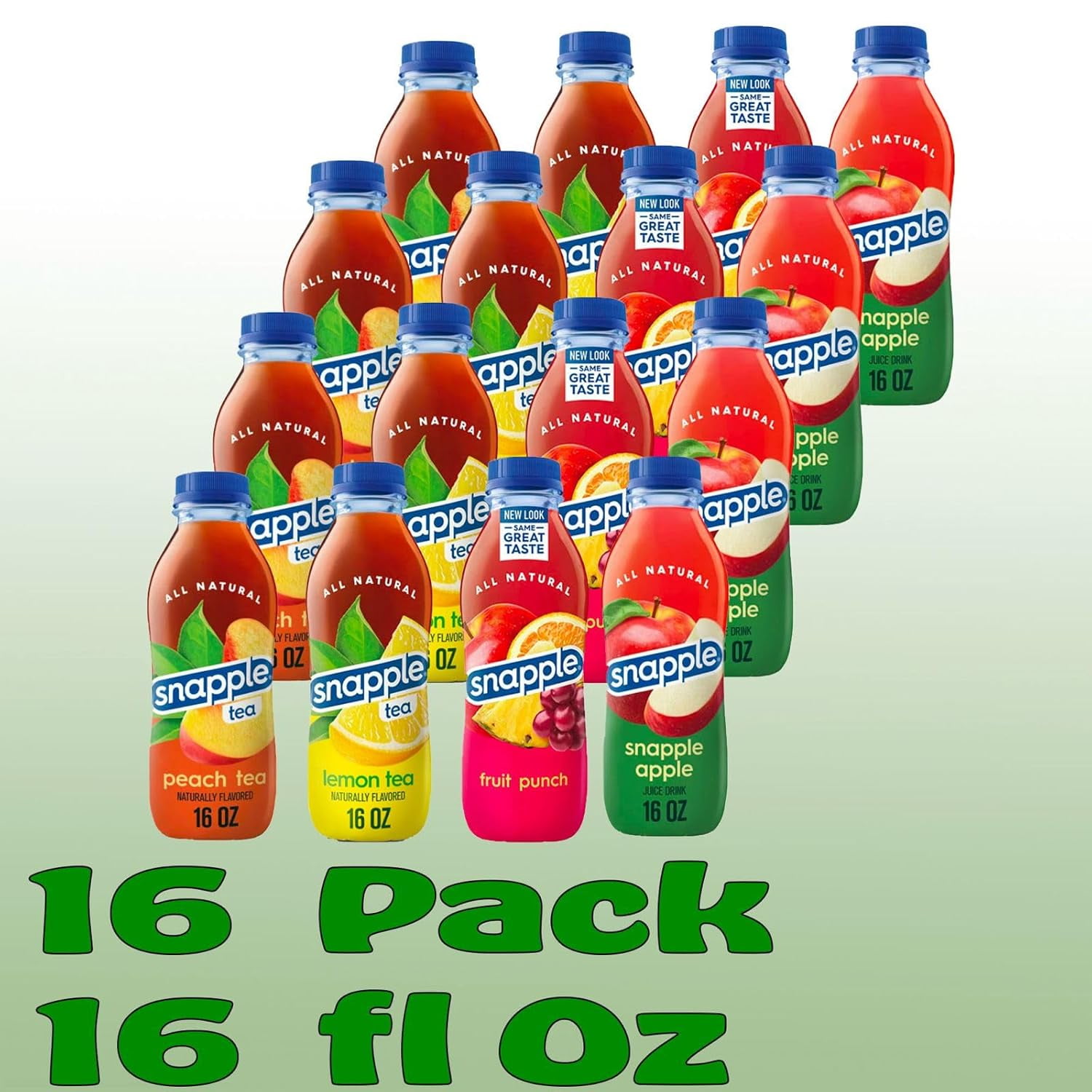 Snapple Variety Pack All Natural Fruit Juice Drink, 16 fl oz Plastic Bottles, Made with Real Fruit Flavor, 16-Pack