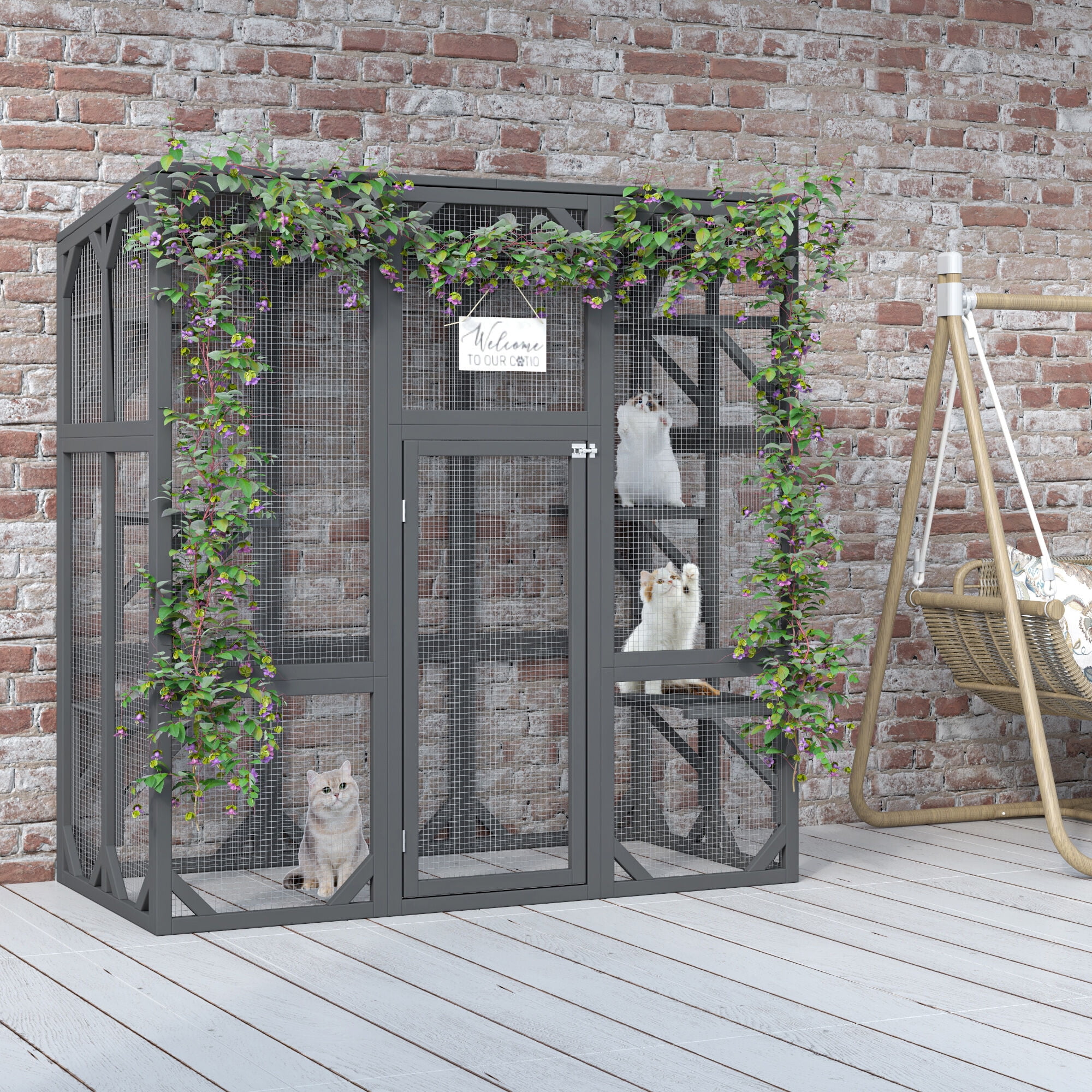Pet Pens & Hutches Catio Outdoor Cat Enclosure Cat House Wooden Cat Cage Large Feral Cat Shelter for Mulitiple Cats with Six Platforms, Large Enter Door, Waterproof Roof 60" Grey,Dog Pens
