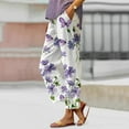 thumbnail image 2 of Cropped Pants For Women Capri Pants Casual Linen Boho Floral Hight Waist Drawstring Loose Floral With Pockets Summer Harem Pants White L, 2 of 7