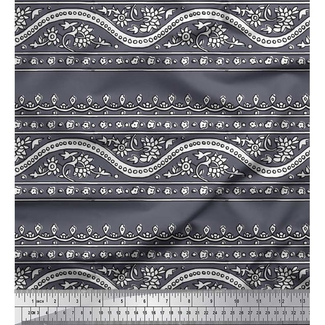Soimoi Poly Georgette Fabric Leaves & Floral Block Print Fabric by Yard 52 Inch Wide