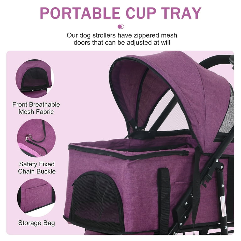 3 Wheels Dog Stroller Foldable Pet Stroller Cat Stroller with Storage Basket, 3-in-1 Lightweight Puppy Stroller for Travel (Purple)