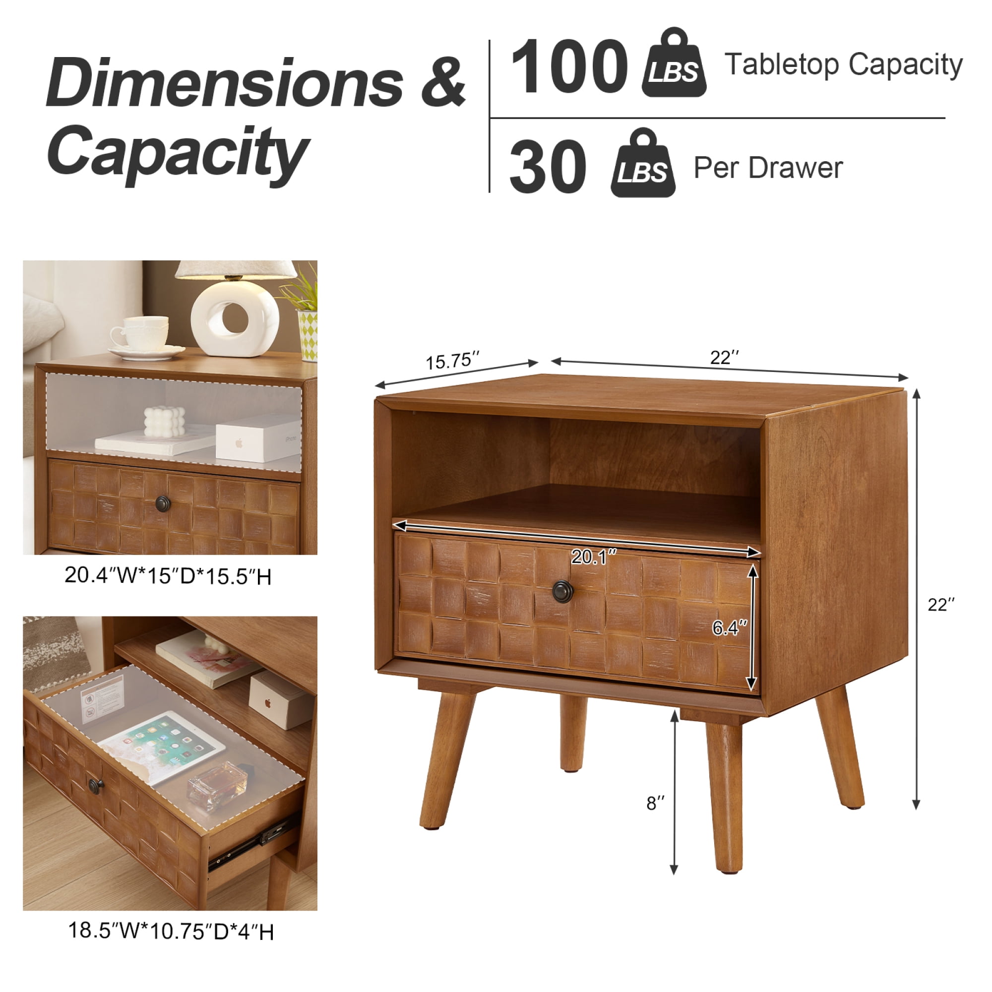 Leumius 22" Mid-Century Modern Wood Nightstand with Carved Geometric Drawer Front, 1 Drawer and Open Shelf, Solid Wood Legs, Bedside Table for Bedroom Oak