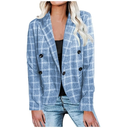 

Trench Coats for Women Winter Jackets for Women Trendy Women Casual Button Long Sleeve Casual Plaid Print Coat Blazer Blouse Womens Cardigan Sweaters New Arrival Womens Coat Blue 2XL