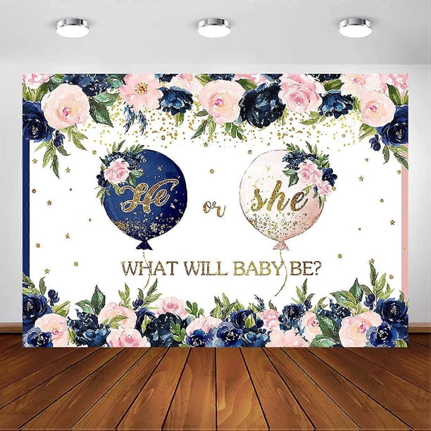 Navy and Blush Gender Reveal Backdrop He or She Navy Blue Blush Pink Floral Baby Gender Reveal Photography Background Pregnancy Reveal Surprise Boy or
