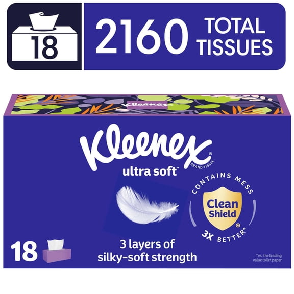 Kleenex Ultra Soft Facial Tissues, 18 Flat Boxes, 120 Tissues per Box, 3-Ply