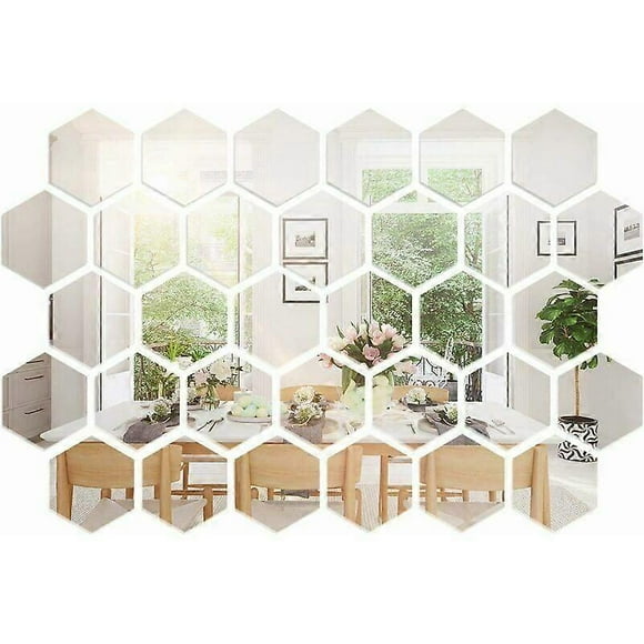 36pc Acrylic Hexagon Mirrors, Self-Adhesive Flexible Mirror Sheet DIY Art Mirror for Living Room Bedroom Bathroom