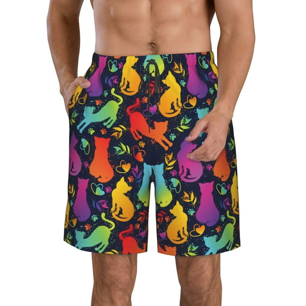 Balery Colorful Cats Traje de Baño Estilo Hawaiano para Hombre, Shorts de Secado Rápido con Bolsillos-Large