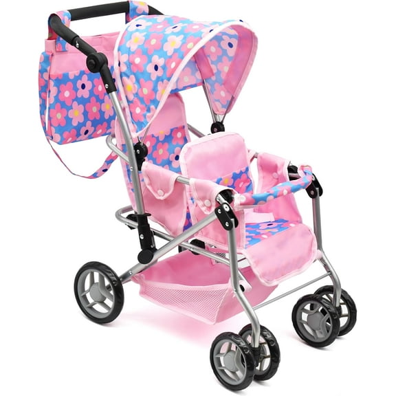 Dolls To Play Baby Doll Double Stroller Twin Buggy Carriage with Adjustable Handle, Rotating Wheels, Storage Basket & Diaper Bag – Blue (27 in)