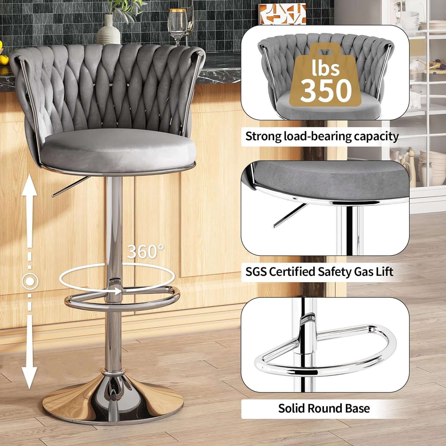 Baxluxe Gray Bar Stools Set of 2, Swivel Velvet Counter Height Bar Chairs Pub Stools, Adjustable High Stools Bar Chairs with Footrest, Island Stools Bar Height Chairs for Kitchen Island, Pub, Office