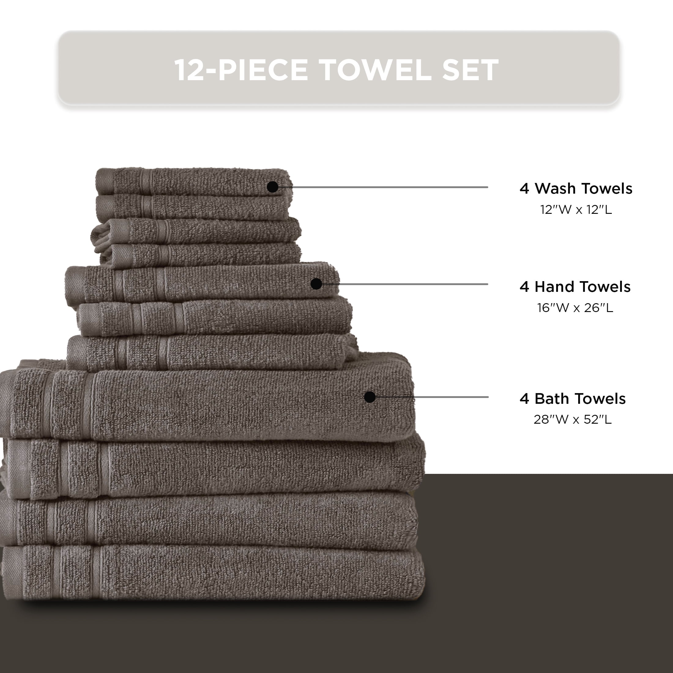 Regency Heights 12-Piece Quick Dry Cotton Bath Towels, Soft & Ultra Absorbent, Grey, Standard Towel Set