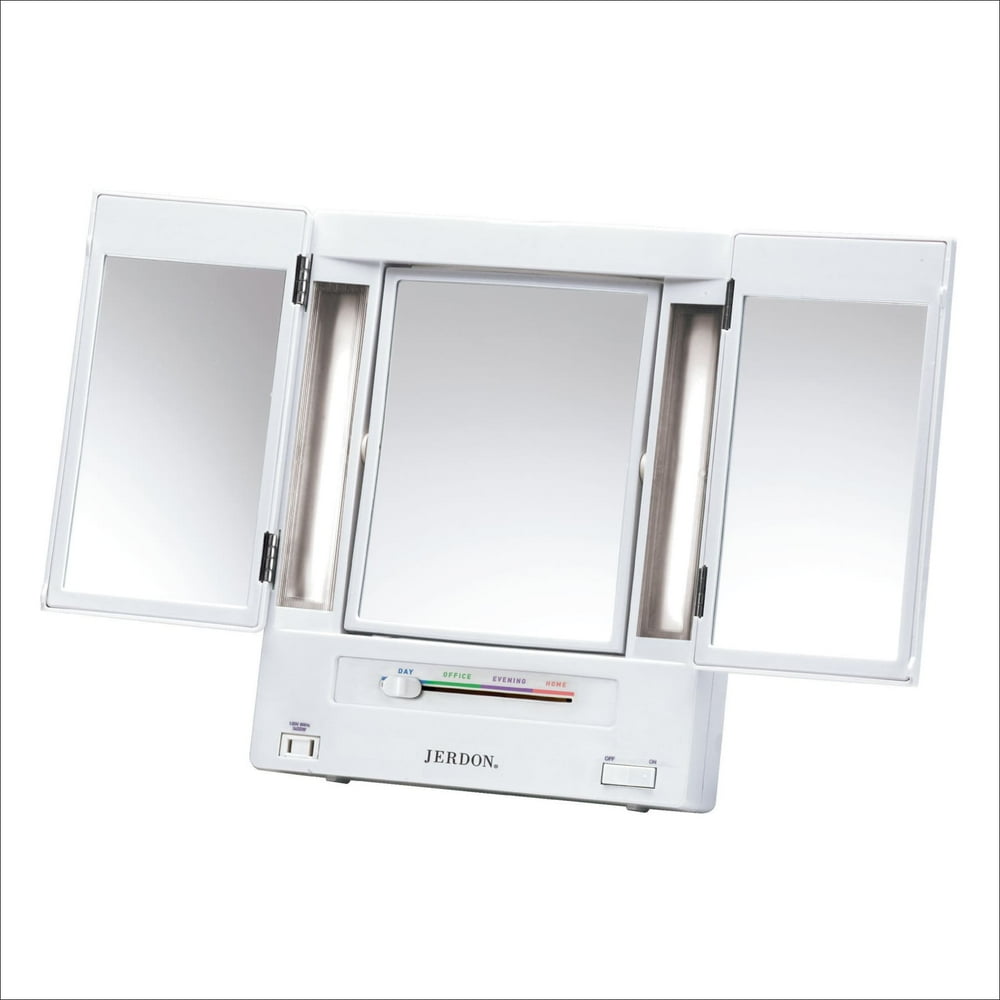 Jerdon TriFold TwoSided Lighted Makeup Mirror with 5x Magnification