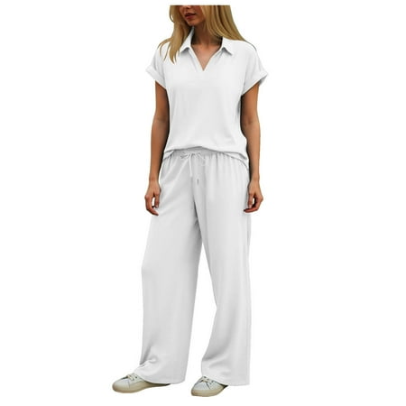 felwors Womens 2 Piece Summer Outfit Lounge Set Cap Sleeve Polo Top And Pant Set Tracksuit Travel Matching Outfit 2025 White L