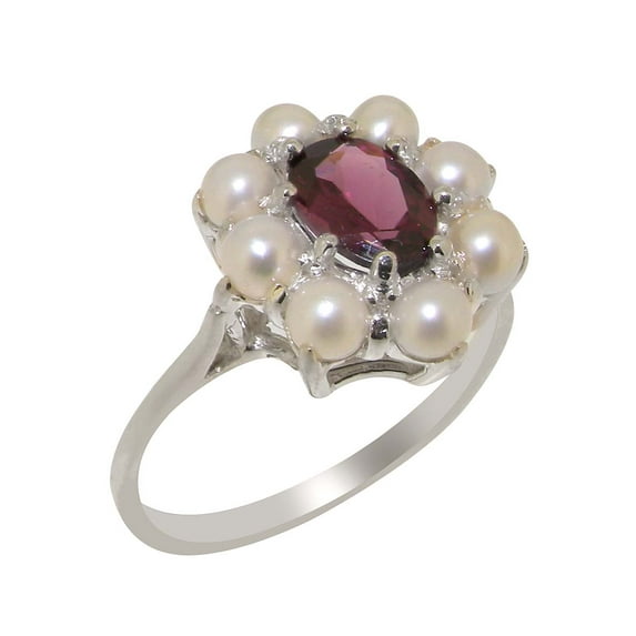 LBG British Made 9k White Gold Natural Garnet & Cultured Pearl Womens Cluster Ring - 33 size options - Size 5.25