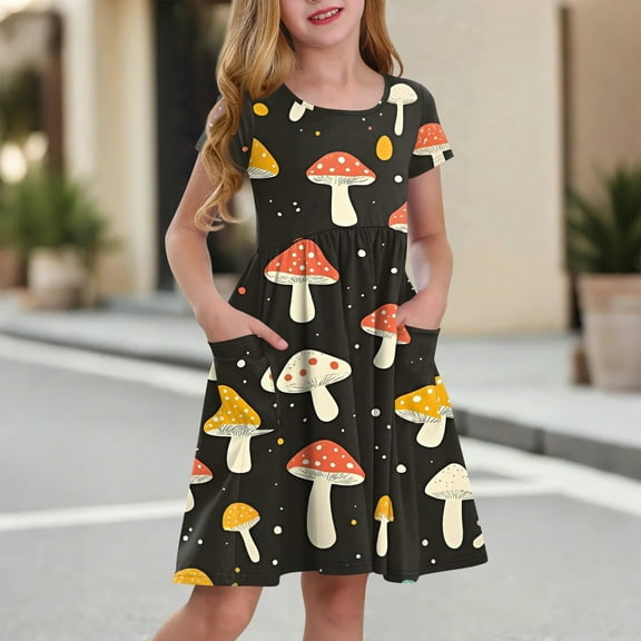 XADYUY Summer Dress for Girls 14-16 Twirly A-Line Short Sleeve Midi Dress Mushroom Casual Crew Neck Swing Sundresses with Pockets for 4-14t Kids,Black 7-8 Years
