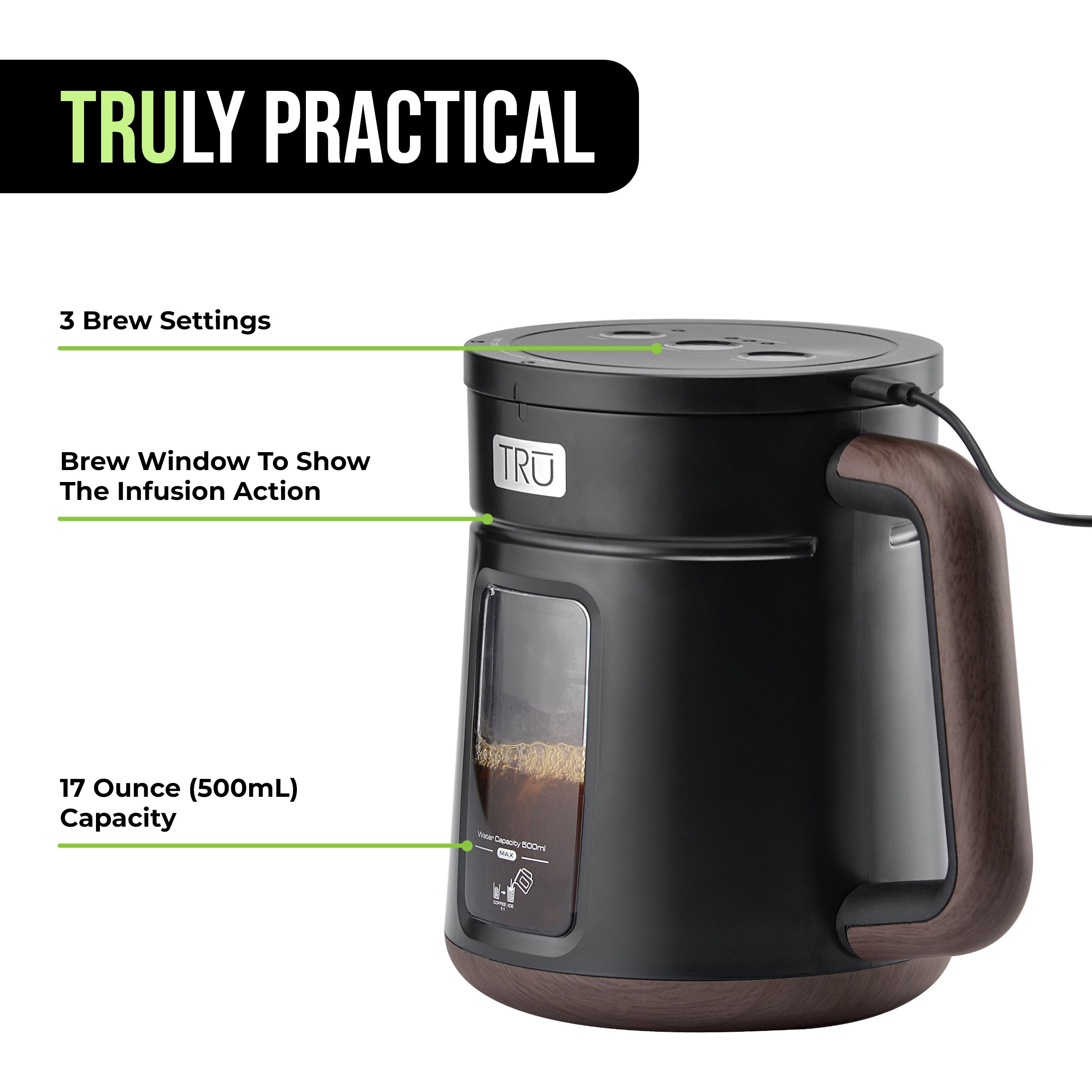 TRU Rapid Cold Brew Coffee Maker - Adjustable Brew Strength for Mild, Medium & Bold Coffee - Patented Vacuum Technology for Fast Extraction - Dual Mesh Filters - Makes 17 oz
