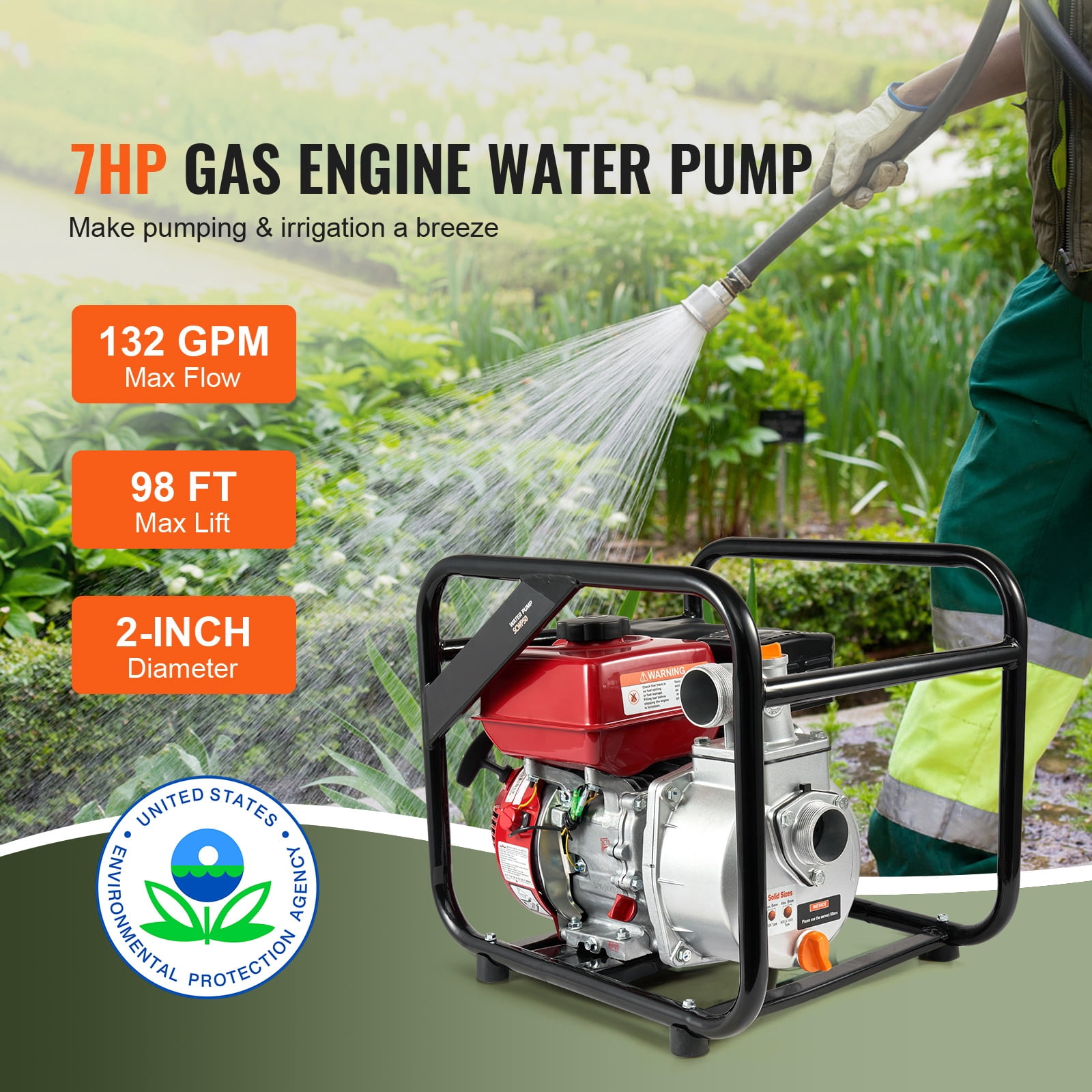 KFFKFF Fuel-Driven Debris Pump, 2 in/50 mm, 7HP 132GPM 4-Stroke Fuel Engine Water Relocation Pump with 25 ft/7.62 m Discharge Hose Max 98 ft Elevation 26ft Intake, Cast Iron Rotor for Watering Pool