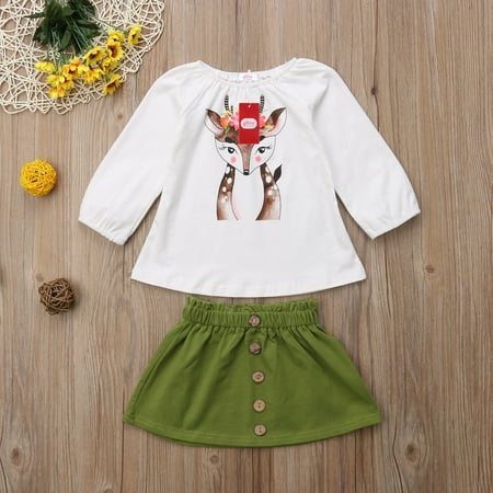 

New 2PCS Toddler Kids Baby Girl Xmas Deer Long Sleeve T-Shirt Tops + Short Mini Skirts Outfits Clothes Set