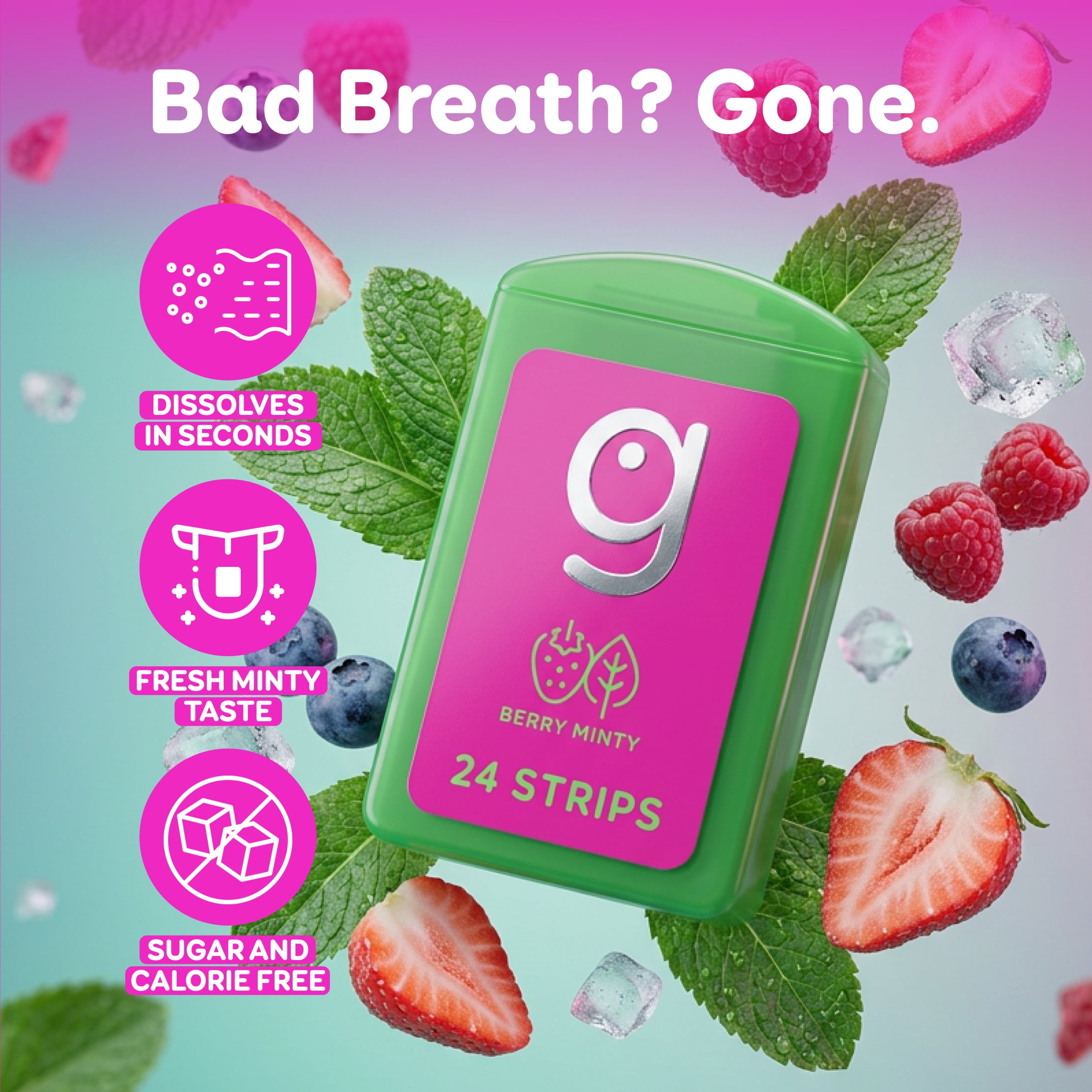 Grin Strips Breath Strips, Berry Minty, Instant Fresh Breath, Dissolves Instantly on Your Tongue, Sugar-free and Calorie-free, No Artificial Colors, 72 Breath Strips (3-24 Packs), Pocket-Sized Pack